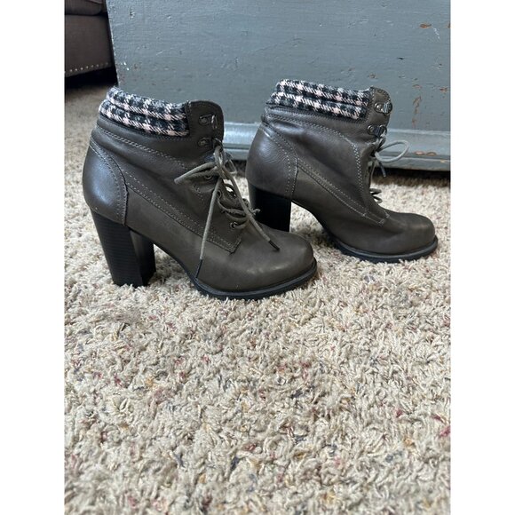 Dolce By Mojo Moxy Gray Lace-Up Ankle Boots Chunky Heel plaid Cuff Womens 9 - Picture 1 of 12
